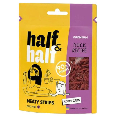 Лакомство для кошек Half & Half в форме мясных полосочек с уткой 50 г