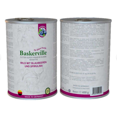 Вологий корм для собак Baskerville Sensitive Wild Mit Blaubeeren und Spirulina Оленина з чорницею і спіруліною, 400 г Вологий корм для собак Baskerville Sensitive Wild Mit Blaubeeren und Spirulina Оленина з чорницею і спіруліною, 400 г