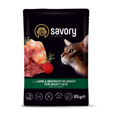 Вологий корм для дорослих котів Savory 85 г - ягня та буряк