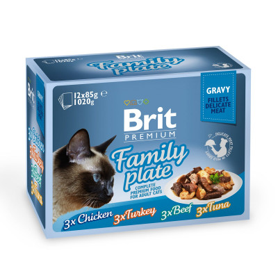 Вологий корм для котів Brit Premium Cat Family Plate Gravy pouches 1020 г (асорті з 4 смаків «Сімейна тарілка» в соусі)