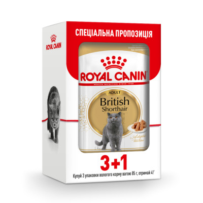 Вологий корм для дорослих котів породи британська короткошерста Royal Canin British Shorthair Adult Gravy pouch 85г, 3+1 шт у подарунок (домашня птиця)