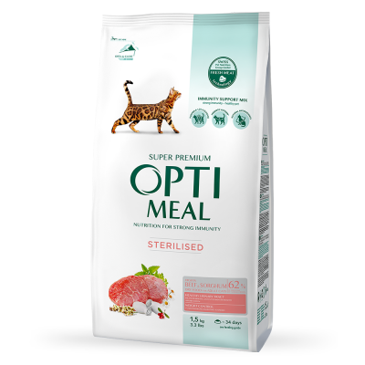 Сухий корм для стерилізованих котів Optimeal Adult Cat Sterilised Beef Sorghum 1.5кг (яловичина та сорго)