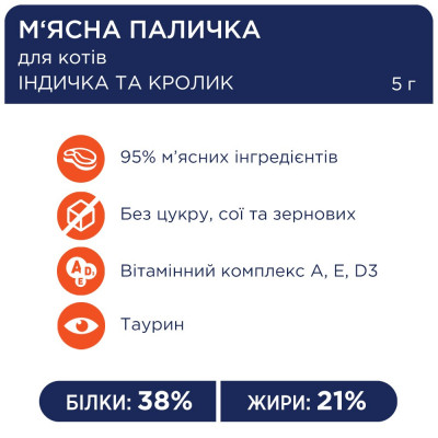 Ласощі для котів Club 4 Paws м'ясна паличка 5 г (індичка та кролик) Ласощі для котів Club 4 Paws м'ясна паличка 5 г (індичка та кролик)