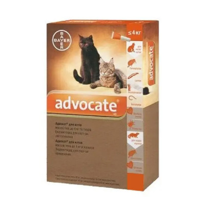 Краплі на холку для котів та тхорів Bayer «Advocate» (Адвокат) до 4 кг, 1 піпетка (від зовнішніх та внутрішніх паразитів)