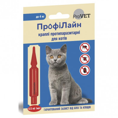 Капли на холку для кошек ProVET «ПрофиЛайн» до 4 кг, 1 пипетка (от внешних паразитов)