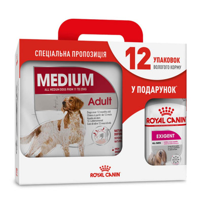 Акційний набір для собак Royal Canin Medium Adult 4 кг + Royal Canin Exigent loaf wet 12 шт х 85 г (домашня птиця)