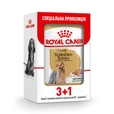 Вологий корм для дорослих собак породи йоркширський тер'єр Royal Canin Yorkshire Terrier Adult pouch 85 г, 3+1 шт у подарунок (домашня птиця)