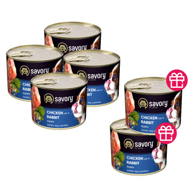 Влажный корм для щенков Savory 200 г, 4 шт + две банки в подарок (курица и кролик)