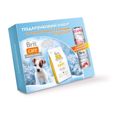 Подарунковий набір кормів для цуценят всіх порід Brit Care Puppy Lamb and Rice, 3 кг + 2 консерви