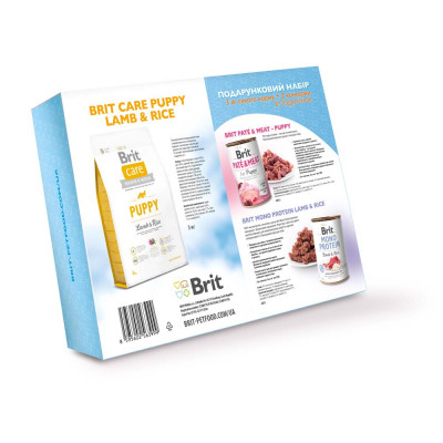 Подарунковий набір кормів для цуценят всіх порід Brit Care Puppy Lamb and Rice, 3 кг + 2 консерви Подарунковий набір кормів для цуценят всіх порід Brit Care Puppy Lamb and Rice, 3 кг + 2 консерви