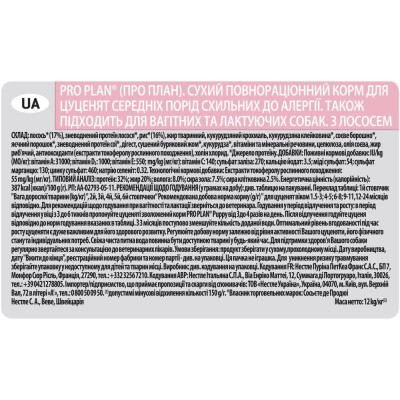 Сухой корм для щенков подверженных аллергии Pro Plan Puppy Medium Sensitive Skin, 12 кг (лосось)