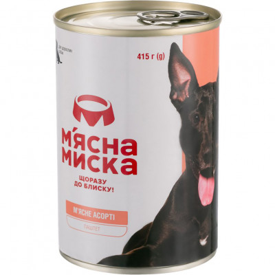 М'ясний паштет для дорослих собак М'ясна миска 415 г (м'ясне асорти) М'ясний паштет для дорослих собак М'ясна миска 415 г (м'ясне асорти)