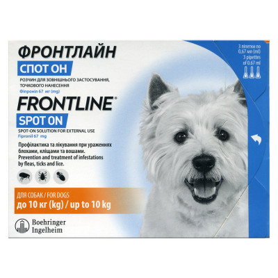 Краплі на холку для собак Boehringer Ingelheim (Merial) «Frontline» СПОТ Он від 2 до 10 кг, 1 піпетка (від зовнішніх паразитів)
