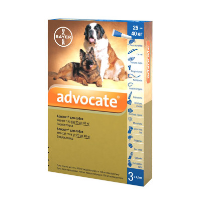 Краплі на холку для собак Bayer «Advocate» (Адвокат) від 25 до 40 кг, 3 піпетки (від зовнішніх та внутрішніх паразитів)