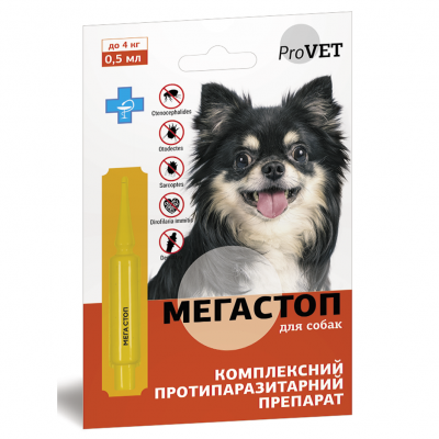 Краплі на холку для собак ProVET «Мега Стоп» до 4 кг, 1 піпетка (від зовнішніх та внутрішніх паразитів) Краплі на холку для собак ProVET «Мега Стоп» до 4 кг, 1 піпетка (від зовнішніх та внутрішніх паразитів)