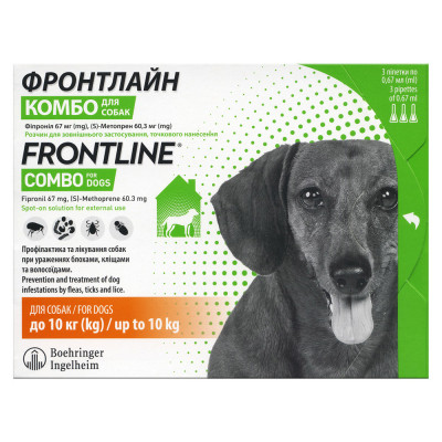 Краплі на холку для собак Boehringer Ingelheim (Merial) «Frontline Combo» (Фронтлайн Комбо) від 2 до 10 кг, 3 піпетки (від зовнішніх паразитів)