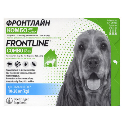 Краплі на холку для собак Boehringer Ingelheim (Merial) «Frontline Combo» (Фронтлайн Комбо) від 10 до 20 кг, 3 піпетки (від зовнішніх паразитів)