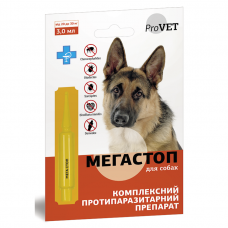 Краплі на холку для собак ProVET «Мега Стоп» від 20 до 30 кг, 1 піпетка (від зовнішніх та внутрішніх паразитів)