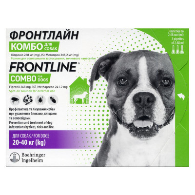 Краплі на холку для собак Boehringer Ingelheim (Merial) «Frontline Combo» (Фронтлайн Комбо) від 20 до 40 кг, 1 піпетка (від зовнішніх паразитів) Краплі на холку для собак Boehringer Ingelheim (Merial) «Frontline Combo» (Фронтлайн Комбо) від 20 до 40 кг, 1 піпетка (від зовнішніх паразитів)
