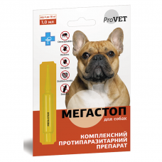 Краплі на холку для собак ProVET «Мега Стоп» від 4 до 10 кг, 1 піпетка (від зовнішніх та внутрішніх паразитів)