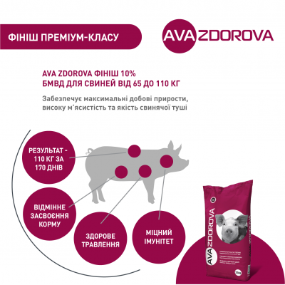 БМВД для свиней 65-110 кг AVA ZDOROVA Фініш 10%. Упаковка 25 кг. БМВД від виробника AVA GROUP
