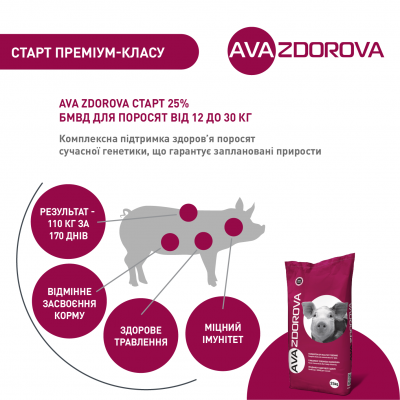 Добавка для свиней БМВД 12-30 кг AVA ZDOROVA Старт 25%. Упаковка 25 кг. БМВД від виробника AVA GROUP Добавка для свиней БМВД 12-30 кг AVA ZDOROVA Старт 25%. Упаковка 25 кг. БМВД від виробника AVA GROUP