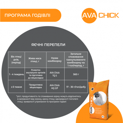 Комбікорм для перепелів AVA Chick HQ G/F. Упаковка 25 кг. Комбікорм від виробника AVA GROUP