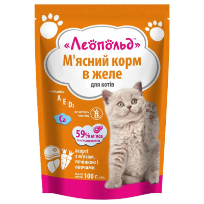 М'ясний корм для котов Леопольд Асорті з м'ясом, печінкою і овочами в желе 100 г