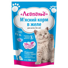 М'ясний корм для котів Леопольд Асорті з ягням та серцем у желе 100 г