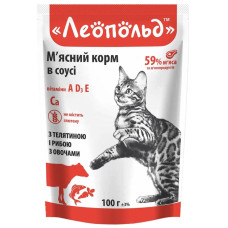 М'ясний корм для котів Леопольд з телятиною, рибою та овочами у соусі 100 г